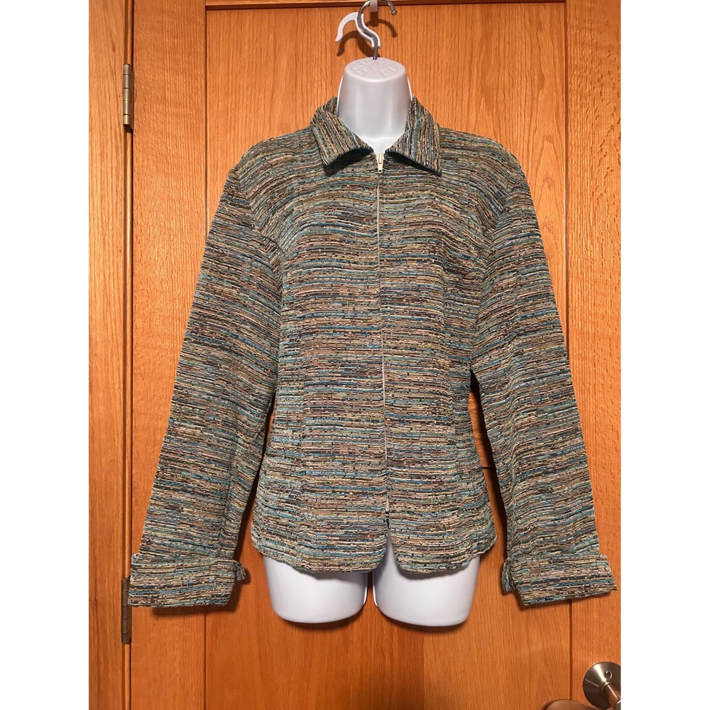 Coldwater Creek Women's XL Multi Color Textured Zip Front Fall Jacket Teal Gold